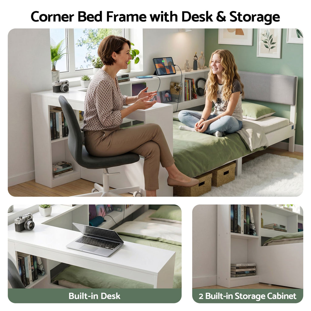 Artiss White Single Solid Wood Corner Platform Bed Frame with Built-in Desk, Storage Shelves and USB-C Charging Station for Small Spaces, Wooden Bed Base for Guest Room