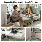 Artiss White Single Solid Wood Corner Platform Bed Frame with Built-in Desk, Storage Shelves and USB-C Charging Station for Small Spaces, Wooden Bed Base for Guest Room