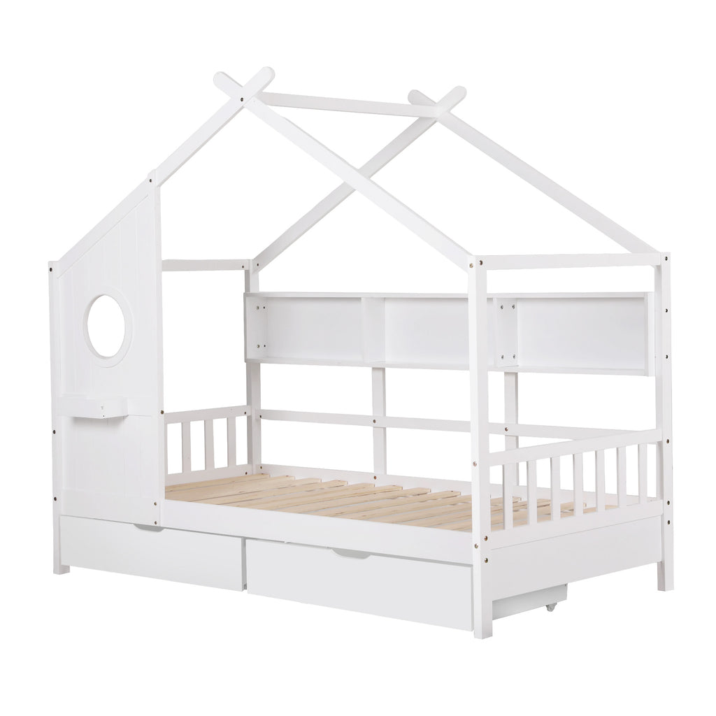 Artiss Kids Single Bed Frame with 3 Storage Bookcase & 2 Drawers House Bed Solid Wood Montessori Bed Easy Assembly White