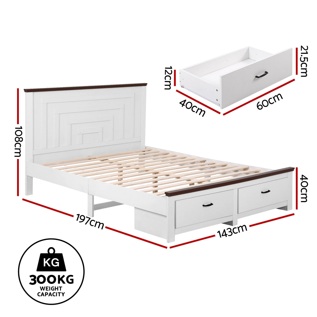 Artiss Double Wooden Bed Frame with 2 Drawer Platform Bed with 108cm Solid High Headboard White Bed Base for Bedroom Easy Assembly