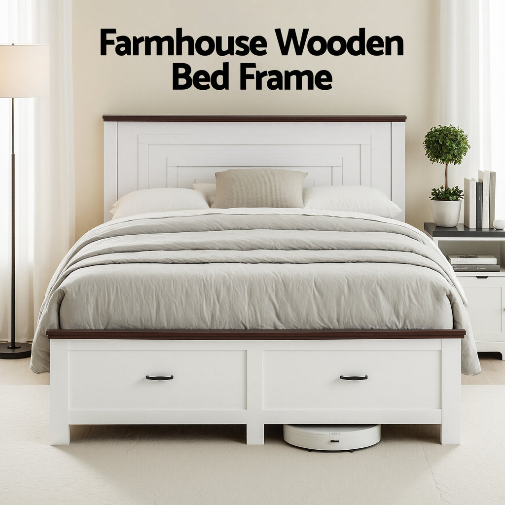 Artiss Double Wooden Bed Frame with 2 Drawer Platform Bed with 108cm Solid High Headboard White Bed Base for Bedroom Easy Assembly
