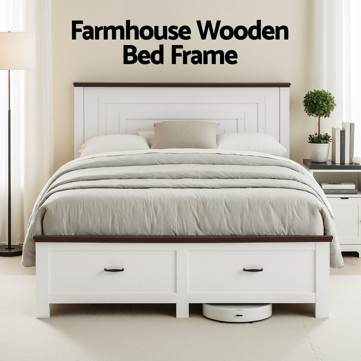 Artiss Double Wooden Bed Frame with 2 Drawer Platform Bed with 108cm Solid High Headboard White Bed Base for Bedroom Easy Assembly