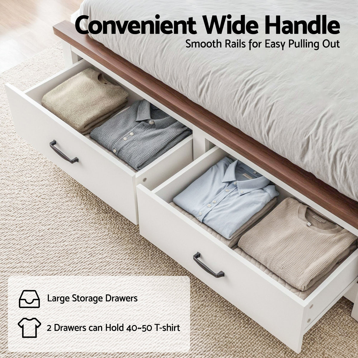 Artiss Double Wooden Bed Frame with 2 Drawer Platform Bed with 108cm Solid High Headboard White Bed Base for Bedroom Easy Assembly
