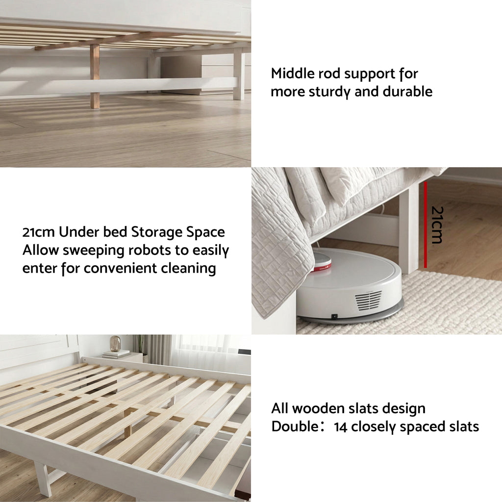 Artiss Double Wooden Bed Frame with 2 Drawer Platform Bed with 108cm Solid High Headboard White Bed Base for Bedroom Easy Assembly