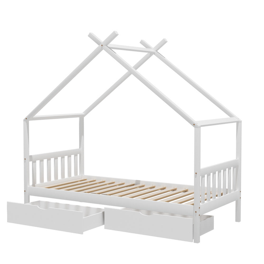 Artiss Bed Frame Wooden Base Kids Single Timber House  with 2 Storage Drawers Beds White
