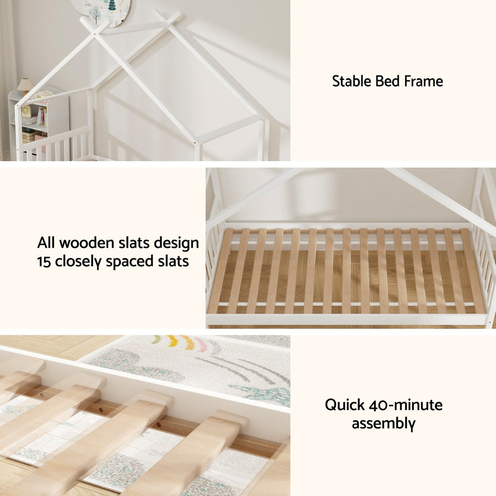 Artiss Bed Frame Wooden Base Kids Single Timber House  with 2 Storage Drawers Beds White
