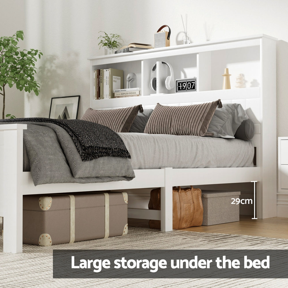 Artiss Bed Frame Double Size Wooden with 3 Shelves Bed Head White