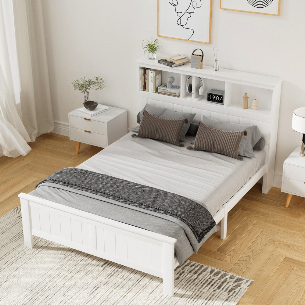 Artiss Bed Frame Double Size Wooden with 3 Shelves Bed Head White