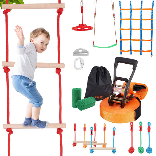 Child climbing a rope ladder with outdoor play equipment including a swing, ropes, and a bag on a white background.